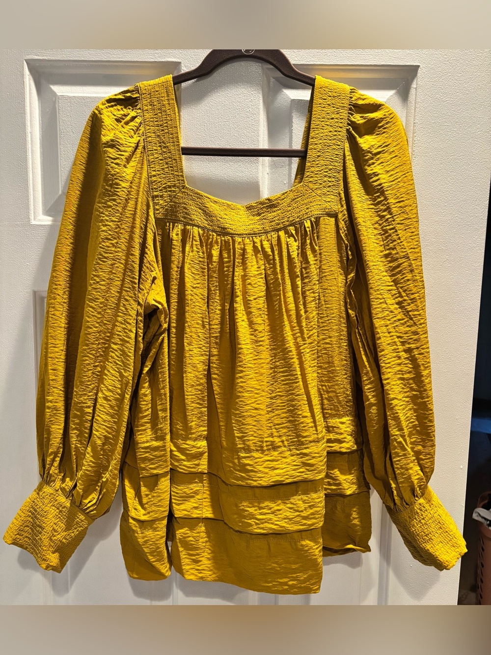 Maeve Mustard Yellow Crinkle Peasant Blouse, Size L